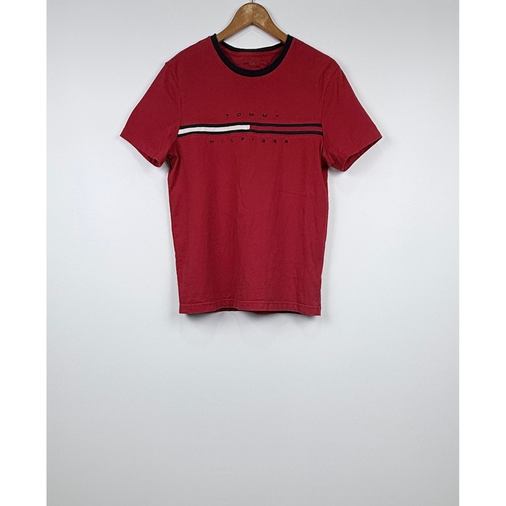 Tommy Hilfiger T-Shirt Mens M Red Good Chest Stripe Logo Tee